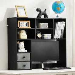 VEVOR Desktop Bookshelf, 3-Tier Desktop Storage Organizer, 37" x 10" x 31.1" Office Storage Rack Wood Display Shelf, Desktop Bookshelf Hutch with Two Fabric Drawers, for Office, Home & Dorm, Black