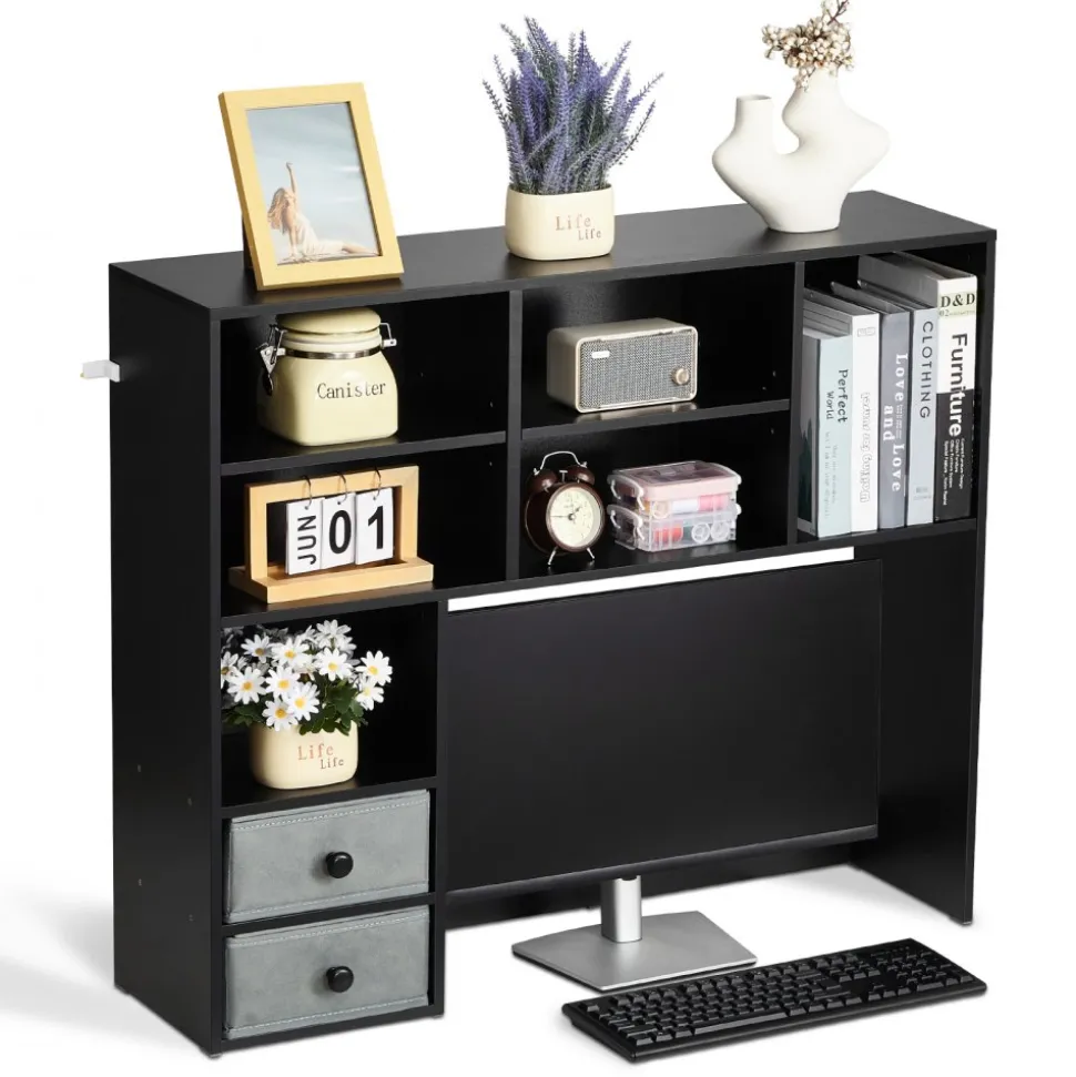 VEVOR Desktop Bookshelf, 3-Tier Desktop Storage Organizer, 37" x 10" x 31.1" Office Storage Rack Wood Display Shelf, Desktop Bookshelf Hutch with Two Fabric Drawers, for Office, Home & Dorm, Black