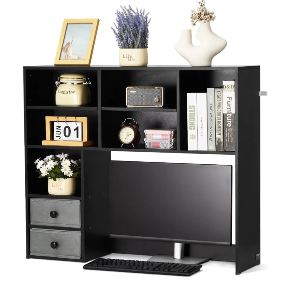 VEVOR Desktop Bookshelf, 3-Tier Desktop Storage Organizer, 37" x 10" x 31.1" Office Storage Rack Wood Display Shelf, Desktop Bookshelf Hutch with Two Fabric Drawers, for Office, Home & Dorm, Black