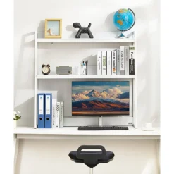 VEVOR Desktop Bookshelf 3-Tier Countertop Storage Hutch with Grid White, for Computer Desk, Metal Frame and Wooden Shelf, with Non-Slip Feet Pads, Desk Hutch Storage Organizer for Dorm, Home, Office