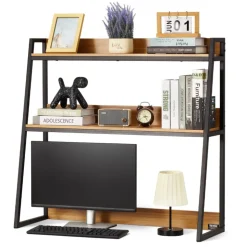 VEVOR Desktop Bookshelf, 2-Tier Desktop Storage Organizer, 37.4" x 12.6" x 35.4" Office Desk Storage Rack Display Shelf, Desktop Bookshelf Hutch with Anti-Slip Feet Pads, for Office, Home & Dorm, Black