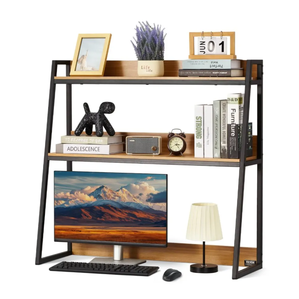 VEVOR Desktop Bookshelf, 2-Tier Desktop Storage Organizer, 37.4" x 12.6" x 35.4" Office Desk Storage Rack Display Shelf, Desktop Bookshelf Hutch with Anti-Slip Feet Pads, for Office, Home & Dorm, Black