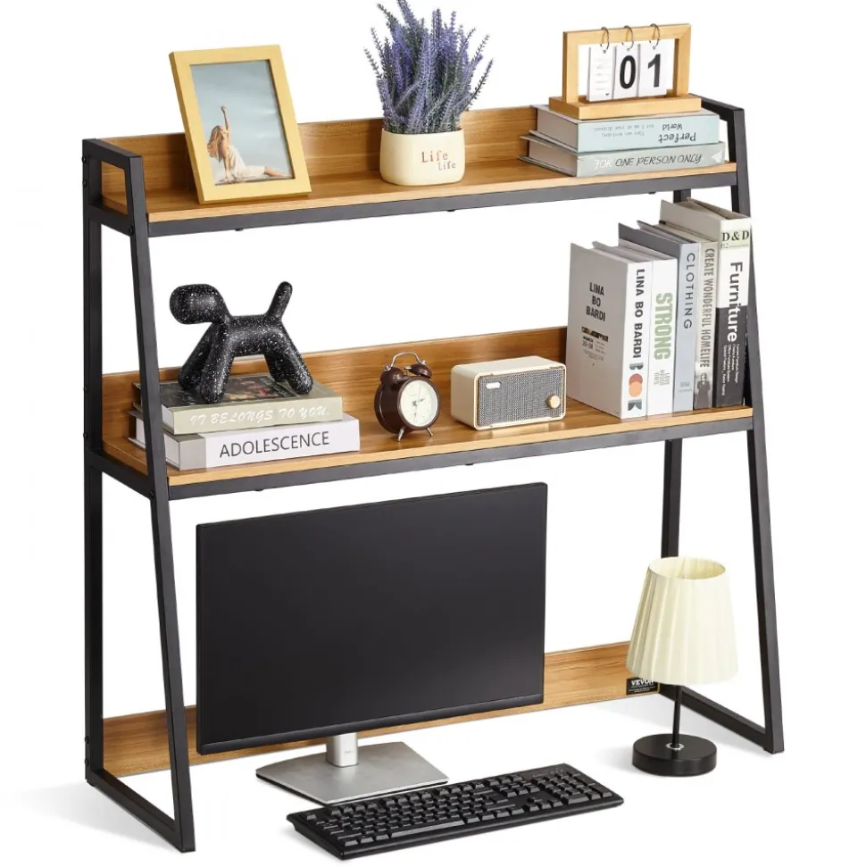 VEVOR Desktop Bookshelf, 2-Tier Desktop Storage Organizer, 37.4" x 12.6" x 35.4" Office Desk Storage Rack Display Shelf, Desktop Bookshelf Hutch with Anti-Slip Feet Pads, for Office, Home & Dorm, Black