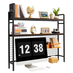 VEVOR Desktop Bookshelf 3-Tier Countertop Storage Hutch with Grid Black, for Computer Desk, Metal Frame and Wooden Shelf, with Non-Slip Feet Pads, Desk Hutch Storage Organizer for Dorm, Home, Office