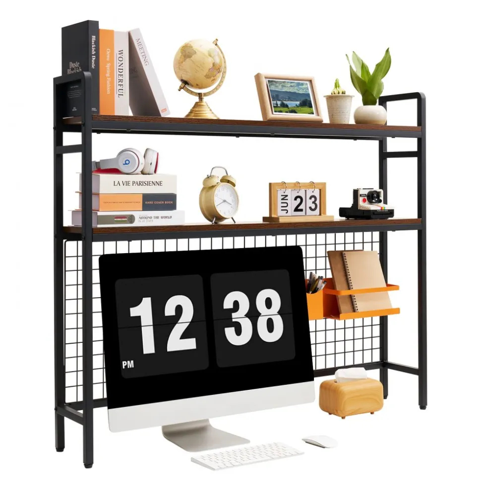 VEVOR Desktop Bookshelf 3-Tier Countertop Storage Hutch with Grid Black, for Computer Desk, Metal Frame and Wooden Shelf, with Non-Slip Feet Pads, Desk Hutch Storage Organizer for Dorm, Home, Office