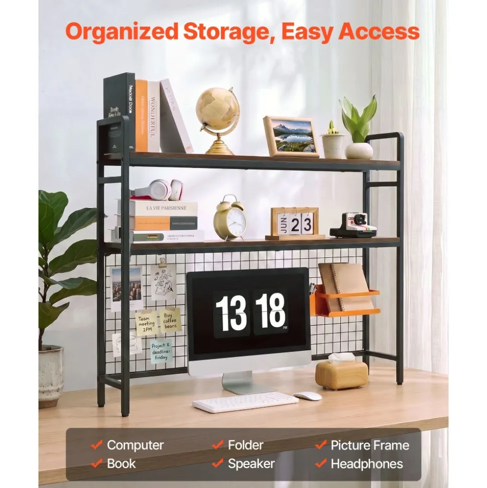 VEVOR Desktop Bookshelf 3-Tier Countertop Storage Hutch with Grid Black, for Computer Desk, Metal Frame and Wooden Shelf, with Non-Slip Feet Pads, Desk Hutch Storage Organizer for Dorm, Home, Office