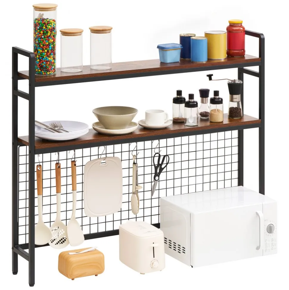 VEVOR Desktop Bookshelf 3-Tier Countertop Storage Hutch with Grid Black, for Computer Desk, Metal Frame and Wooden Shelf, with Non-Slip Feet Pads, Desk Hutch Storage Organizer for Dorm, Home, Office