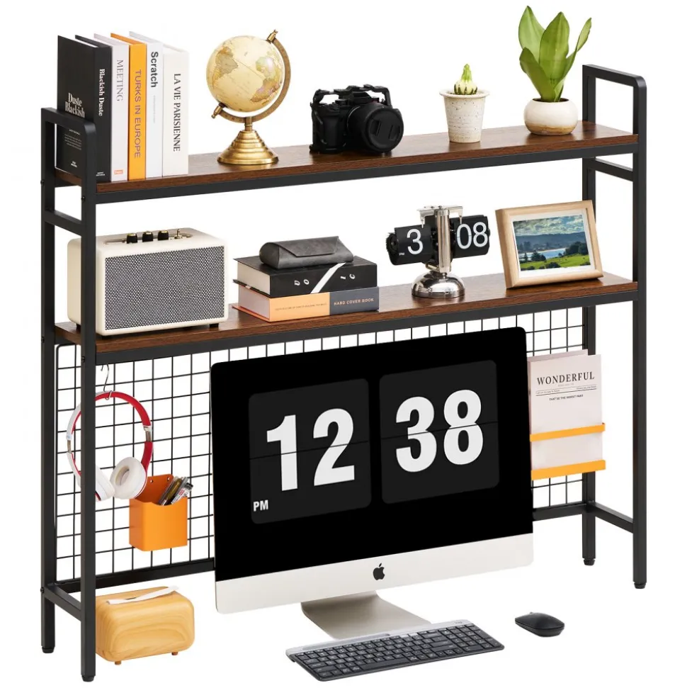 VEVOR Desktop Bookshelf 3-Tier Countertop Storage Hutch with Grid Black, for Computer Desk, Metal Frame and Wooden Shelf, with Non-Slip Feet Pads, Desk Hutch Storage Organizer for Dorm, Home, Office