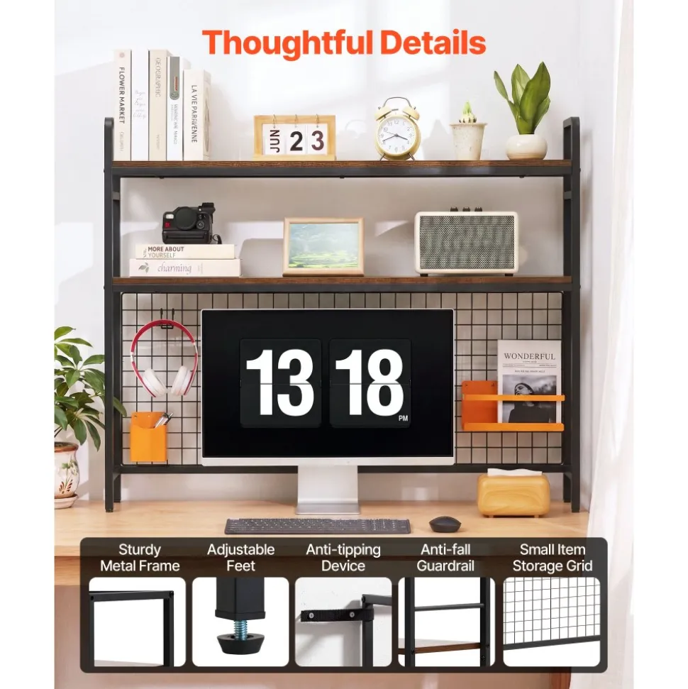 VEVOR Desktop Bookshelf 3-Tier Countertop Storage Hutch with Grid Black, for Computer Desk, Metal Frame and Wooden Shelf, with Non-Slip Feet Pads, Desk Hutch Storage Organizer for Dorm, Home, Office