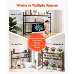 VEVOR Desktop Bookshelf 3-Tier Countertop Storage Hutch with Grid Black, for Computer Desk, Metal Frame and Wooden Shelf, with Non-Slip Feet Pads, Desk Hutch Storage Organizer for Dorm, Home, Office
