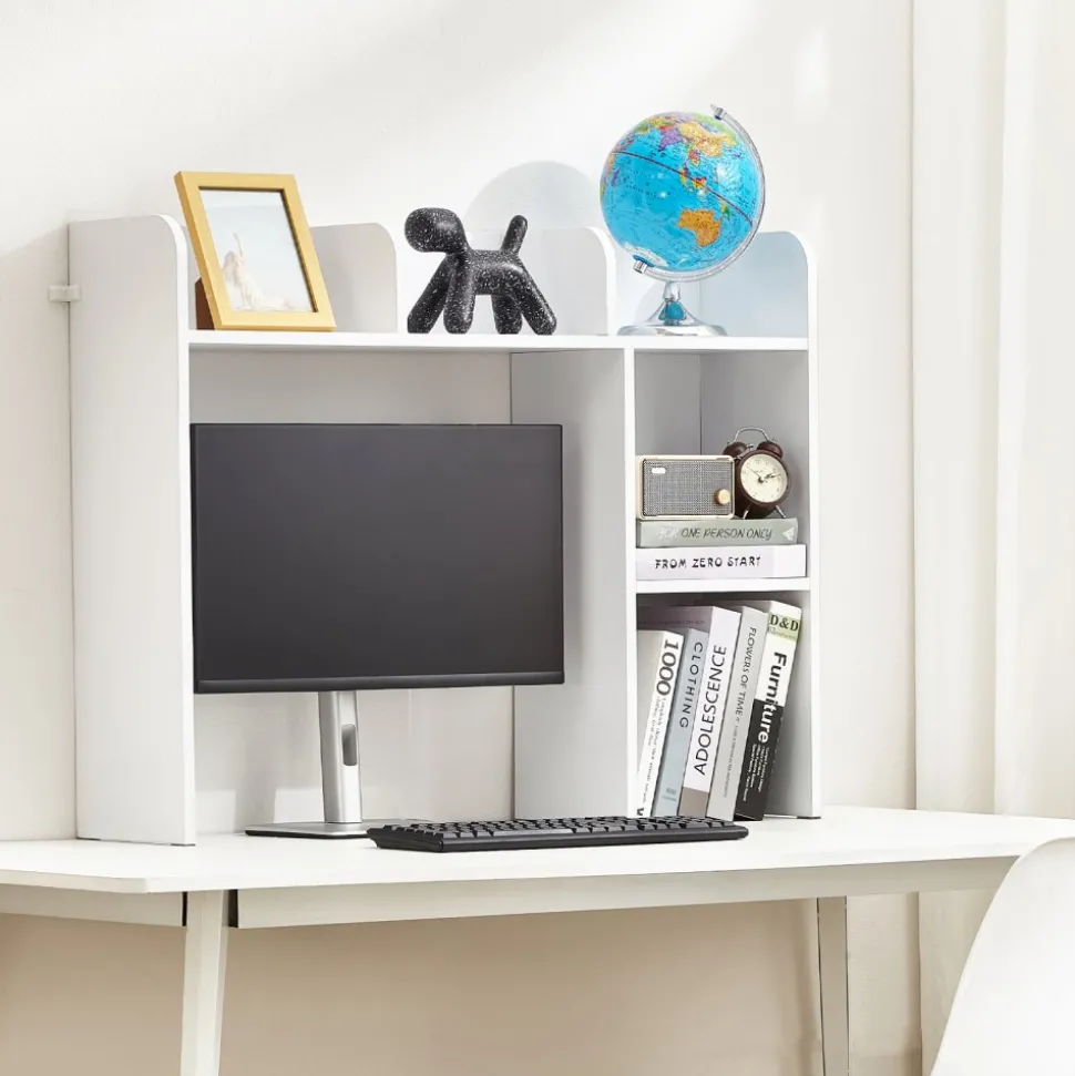 VEVOR Desktop Bookshelf, 2-Tier Desktop Storage Organizer, 37.2" x 9.5" x 28.9" Office Storage Rack Wood Display Shelf, Desktop Bookshelf Hutch with Anti-Slip Feet Pads, for Office, Home & Dorm, White