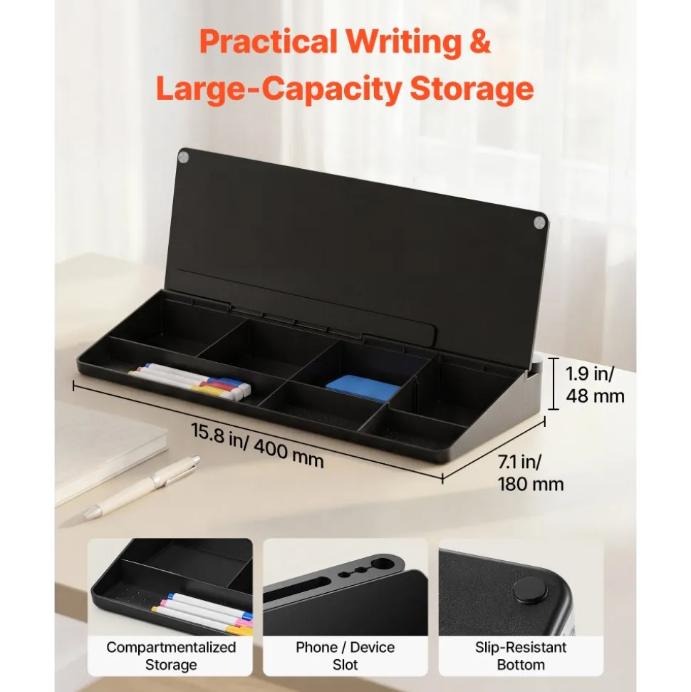 VEVOR Desktop Glass Dry Erase Board 15.8 x 7.1 x 1.9 in Desk Whiteboard, Compartment Storage, Non-Slip Bottom, Ergonomic Angled Design, Desktop Organizer for Office, Home, School Supplies, Black