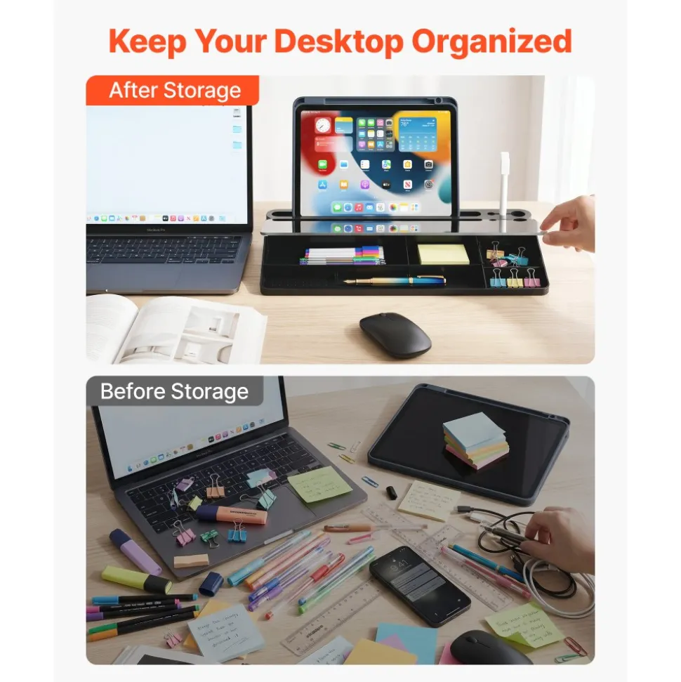 VEVOR Desktop Glass Dry Erase Board 15.8 x 7.1 x 1.9 in Desk Whiteboard, Compartment Storage, Non-Slip Bottom, Ergonomic Angled Design, Desktop Organizer for Office, Home, School Supplies, Black