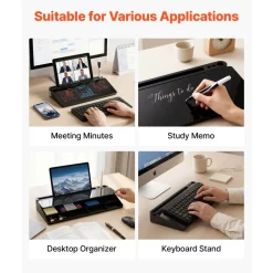VEVOR Desktop Glass Dry Erase Board 15.8 x 7.1 x 1.9 in Desk Whiteboard, Compartment Storage, Non-Slip Bottom, Ergonomic Angled Design, Desktop Organizer for Office, Home, School Supplies, Black