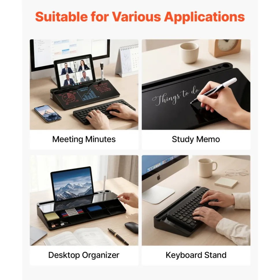 VEVOR Desktop Glass Dry Erase Board 15.8 x 7.1 x 1.9 in Desk Whiteboard, Compartment Storage, Non-Slip Bottom, Ergonomic Angled Design, Desktop Organizer for Office, Home, School Supplies, Black