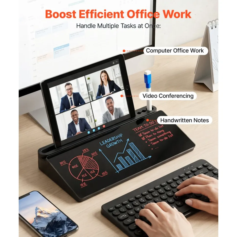 VEVOR Desktop Glass Dry Erase Board 15.8 x 7.1 x 1.9 in Desk Whiteboard, Compartment Storage, Non-Slip Bottom, Ergonomic Angled Design, Desktop Organizer for Office, Home, School Supplies, Black