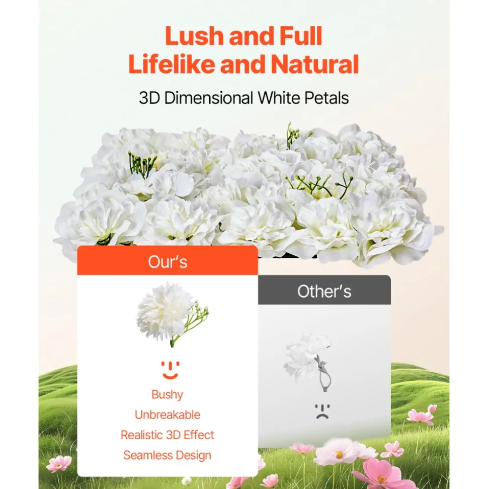 VEVOR 3D Flower Wall Panel, 24 PCS 15 x 15 inch, Artificial Floral Wall Background Mesh Backing Mat,Seamless Design&Easy Installation for Wedding Valentines Day Home Baby Party Backdrop Decor,White