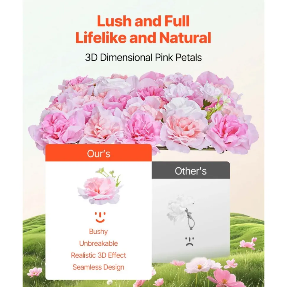 VEVOR 3D Flower Wall Panel, 12 PCS 15 x 15 inch, Artificial Floral Wall Background Mesh Backing Mat,Seamless Design&Easy Installation for Wedding Valentines Day Home Baby Party Backdrop Decor,Pink
