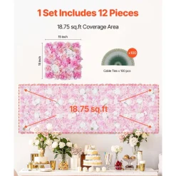 VEVOR 3D Flower Wall Panel, 12 PCS 15 x 15 inch, Artificial Floral Wall Background Mesh Backing Mat,Seamless Design&Easy Installation for Wedding Valentines Day Home Baby Party Backdrop Decor,Pink