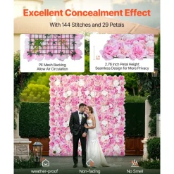 VEVOR 3D Flower Wall Panel, 12 PCS 15 x 15 inch, Artificial Floral Wall Background Mesh Backing Mat,Seamless Design&Easy Installation for Wedding Valentines Day Home Baby Party Backdrop Decor,Pink