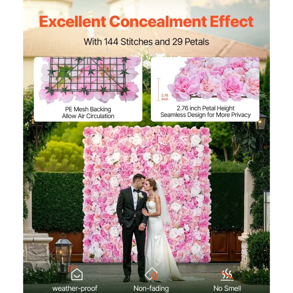 VEVOR 3D Flower Wall Panel, 12 PCS 15 x 15 inch, Artificial Floral Wall Background Mesh Backing Mat,Seamless Design&Easy Installation for Wedding Valentines Day Home Baby Party Backdrop Decor,Pink