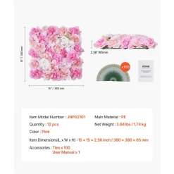 VEVOR 3D Flower Wall Panel, 12 PCS 15 x 15 inch, Artificial Floral Wall Background Mesh Backing Mat,Seamless Design&Easy Installation for Wedding Valentines Day Home Baby Party Backdrop Decor,Pink