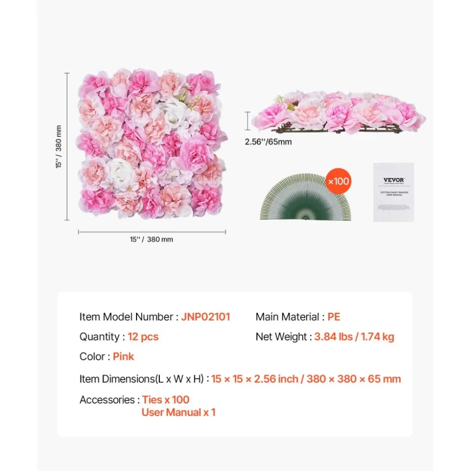 VEVOR 3D Flower Wall Panel, 12 PCS 15 x 15 inch, Artificial Floral Wall Background Mesh Backing Mat,Seamless Design&Easy Installation for Wedding Valentines Day Home Baby Party Backdrop Decor,Pink