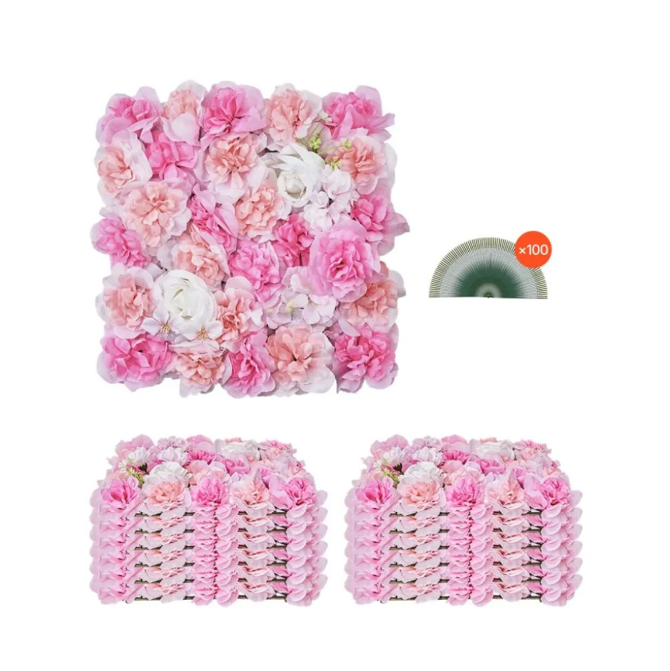 VEVOR 3D Flower Wall Panel, 12 PCS 15 x 15 inch, Artificial Floral Wall Background Mesh Backing Mat,Seamless Design&Easy Installation for Wedding Valentines Day Home Baby Party Backdrop Decor,Pink