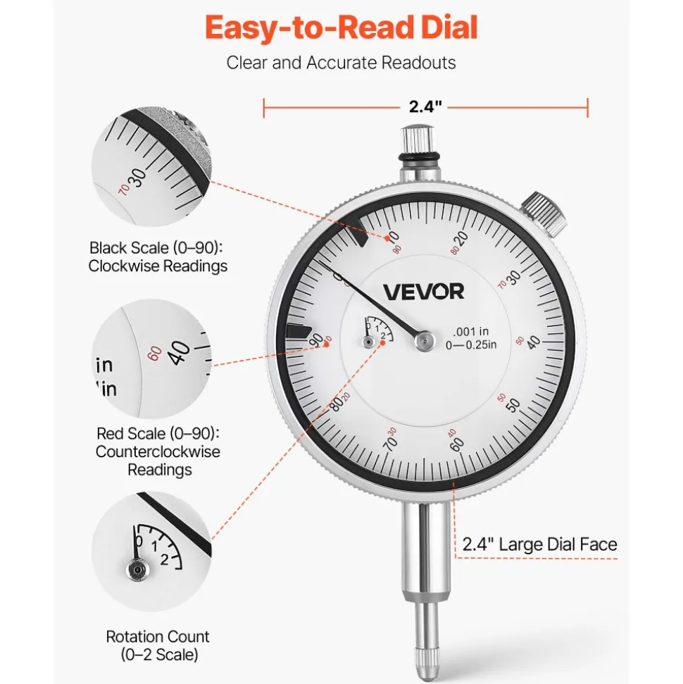 VEVOR Dial Test Indicator and Bore Gauge Measuring Tool Set, Dial Indicator 0.001 inch Accuracy, 2-6 inch Bore Range with Rod, Storage Case, Anvils for Industrial Machining Measurements