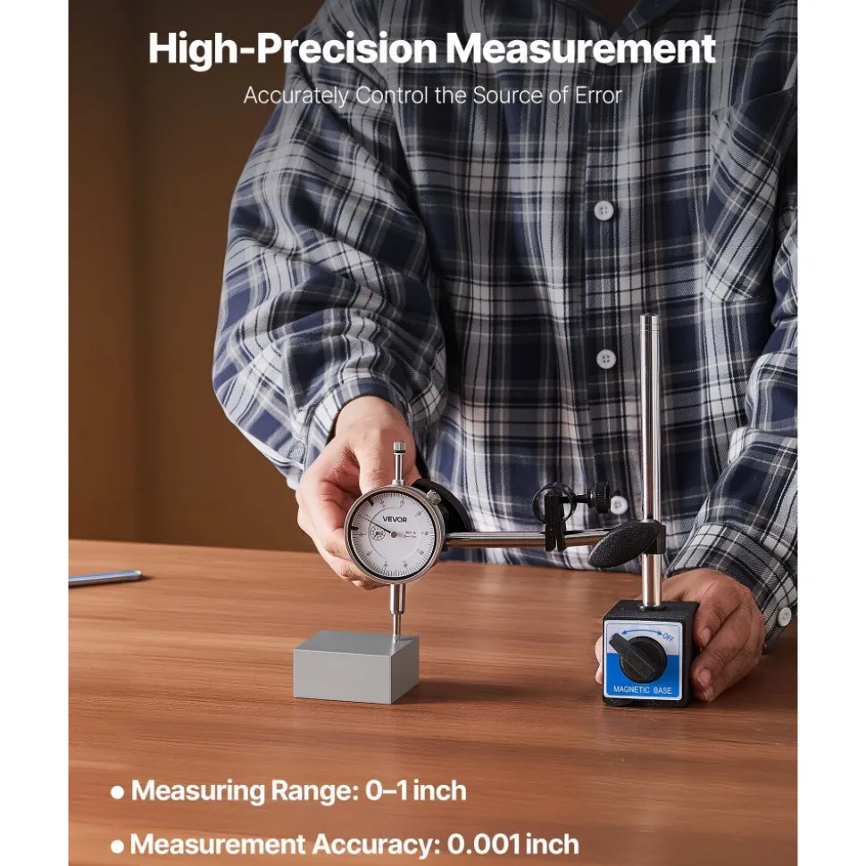 VEVOR Dial Test Indicator, 0.001 inch Accuracy, 0-1 inch Measuring Range, Easy to Read Large Dial, Professional for Internal Diameter Measurement, Runout Detection, Flatness Inspection