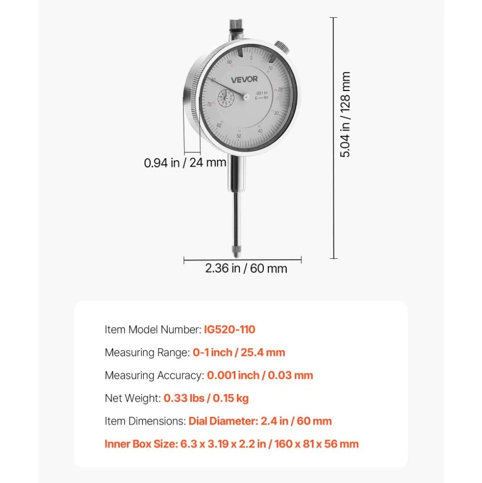 VEVOR Dial Test Indicator, 0.001 inch Accuracy, 0-1 inch Measuring Range, Easy to Read Large Dial, Professional for Internal Diameter Measurement, Runout Detection, Flatness Inspection
