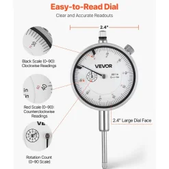 VEVOR Dial Test Indicator, 0.001 inch Accuracy, 0-1 inch Measuring Range, Easy to Read Large Dial, Professional for Internal Diameter Measurement, Runout Detection, Flatness Inspection
