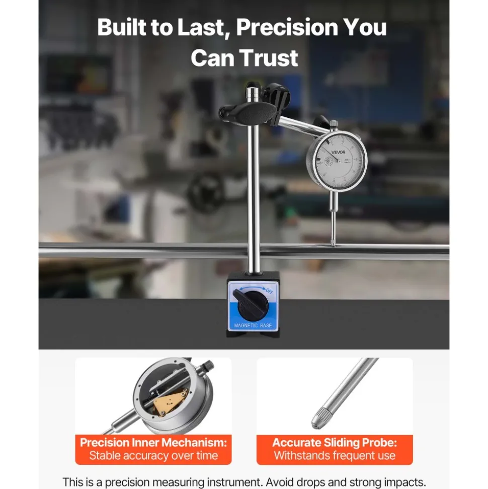 VEVOR Dial Test Indicator, 0.001 inch Accuracy, 0-1 inch Measuring Range, Easy to Read Large Dial, Professional for Internal Diameter Measurement, Runout Detection, Flatness Inspection
