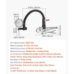 VEVOR Dial Test Indicator with 360-Degree Flexible Arm and 360-Degree Locking Pliers, 0.001 inch Accuracy, 0-1 inch Range, Professional for Machine Set-Up, Narrow Area Measurement, Storage Case