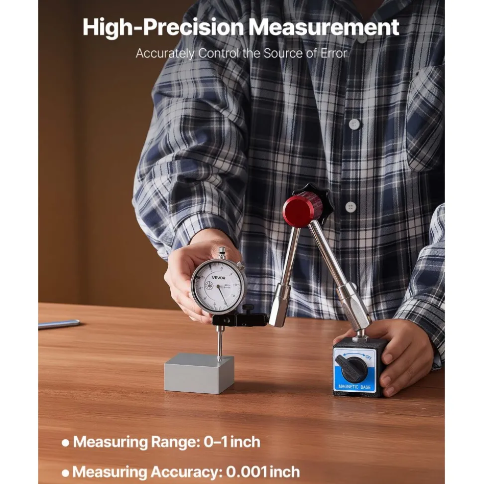 VEVOR Dial Test Indicator with Magnetic Flexible Base Stand, 0.001 inch Accuracy, 0-1 inch Range, Fine Adjustable Long Arm, Professional for Machine Set-Up, Narrow Area Measurement, Easy to Read