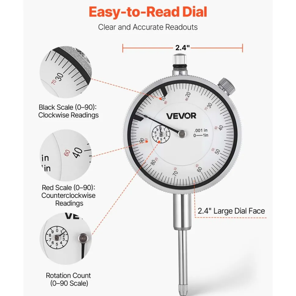 VEVOR Dial Test Indicator with Magnetic Flexible Base Stand, 0.001 inch Accuracy, 0-1 inch Range, Fine Adjustable Long Arm, Professional for Machine Set-Up, Narrow Area Measurement, Easy to Read