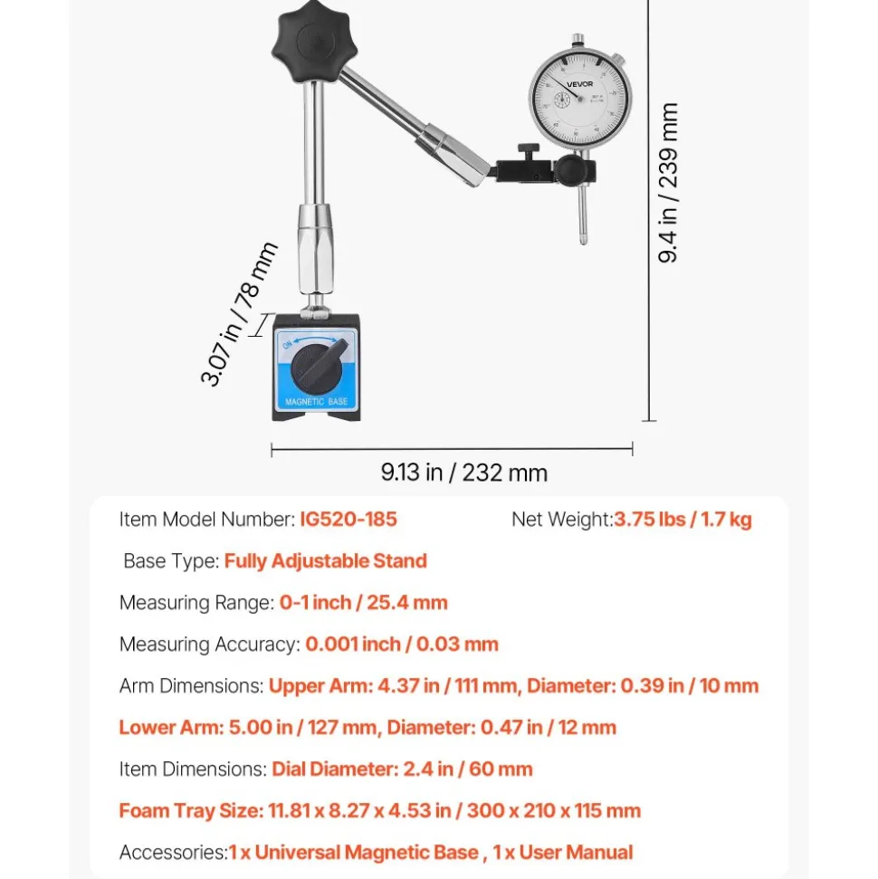 VEVOR Dial Test Indicator with Magnetic Flexible Base Stand, 0.001 inch Accuracy, 0-1 inch Range, Fine Adjustable Long Arm, Professional for Machine Set-Up, Narrow Area Measurement, Easy to Read