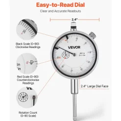 VEVOR Dial Test Indicator with Dual Rod Stand and Storage Case, 0.001 inch Accuracy, 0-1 inch Range, Fine Adjustable Long Arm, Non-Magnetic Centering Rods for Machine Set-Up, Narrow Area Measurement