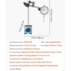 VEVOR Dial Test Indicator with Dual Rod Stand and Storage Case, 0.001 inch Accuracy, 0-1 inch Range, Fine Adjustable Long Arm, Non-Magnetic Centering Rods for Machine Set-Up, Narrow Area Measurement