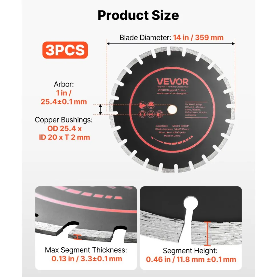 VEVOR Diamond Blades 14 inch, 3-Pack Concrete Saw Blade Set, 1 in Arbor, High-Hardness Diamond Segments, 65Mn Steel Core, Dry Wet Cutting, Clean Edges for Concrete, Masonry, Brick, Stone, Granite