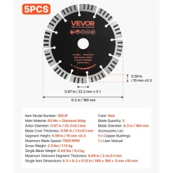 VEVOR Diamond Blades 5 inch, 5-Pack Wall Chaser Saw Blade Cutting Blade, 0.79 in Arbor, High-Hardness Diamond Segments, 65Mn Steel Core, Dry Wet Cutting, Clean Edges for Concrete Brick Stone Cement
