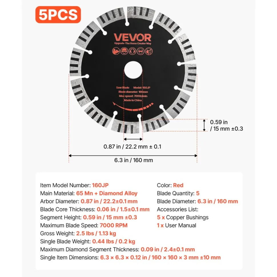 VEVOR Diamond Blades 5 inch, 5-Pack Wall Chaser Saw Blade Cutting Blade, 0.79 in Arbor, High-Hardness Diamond Segments, 65Mn Steel Core, Dry Wet Cutting, Clean Edges for Concrete Brick Stone Cement