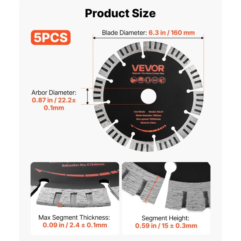 VEVOR Diamond Blades 5 inch, 5-Pack Wall Chaser Saw Blade Cutting Blade, 0.79 in Arbor, High-Hardness Diamond Segments, 65Mn Steel Core, Dry Wet Cutting, Clean Edges for Concrete Brick Stone Cement