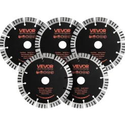 VEVOR Diamond Blades 5 inch, 5-Pack Wall Chaser Saw Blade Cutting Blade, 0.79 in Arbor, High-Hardness Diamond Segments, 65Mn Steel Core, Dry Wet Cutting, Clean Edges for Concrete Brick Stone Cement