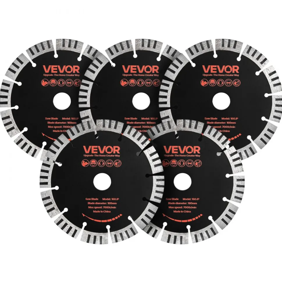 VEVOR Diamond Blades 5 inch, 5-Pack Wall Chaser Saw Blade Cutting Blade, 0.79 in Arbor, High-Hardness Diamond Segments, 65Mn Steel Core, Dry Wet Cutting, Clean Edges for Concrete Brick Stone Cement