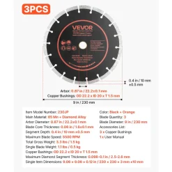 VEVOR Diamond Blades 9 inch, 3-Pack Concrete Saw Blade Set, 7/8 in Arbor, High-Hardness Diamond Segments, 65Mn Steel Core, Dry Wet Cutting, Clean Edges for Concrete, Masonry, Brick, Stone, Granite