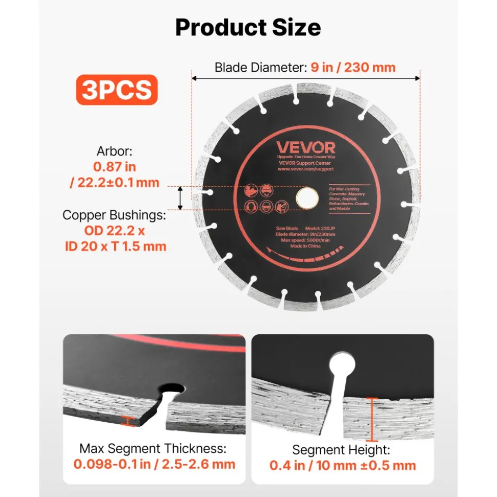 VEVOR Diamond Blades 9 inch, 3-Pack Concrete Saw Blade Set, 7/8 in Arbor, High-Hardness Diamond Segments, 65Mn Steel Core, Dry Wet Cutting, Clean Edges for Concrete, Masonry, Brick, Stone, Granite