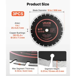 VEVOR Diamond Blades 12 inch, 3-Pack Concrete Saw Blade Set, 1 in Arbor, High-Hardness Diamond Segments, 65Mn Steel Core, Dry Wet Cutting, Clean Edges for Concrete, Masonry, Brick, Stone, Granite