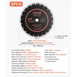 VEVOR Diamond Blades 12 inch, 3-Pack Concrete Saw Blade Set, 1 in Arbor, High-Hardness Diamond Segments, 65Mn Steel Core, Dry Wet Cutting, Clean Edges for Concrete, Masonry, Brick, Stone, Granite