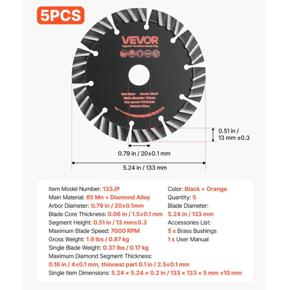 VEVOR Diamond Blades 5.24 inch, 5-Pack Wall Chaser Saw Blade Cutting Blade, 0.79 in Arbor, High-Hardness Diamond Segments, 65Mn Steel Core, Dry Wet Cutting, Clean Edges for Concrete Brick Stone Cement